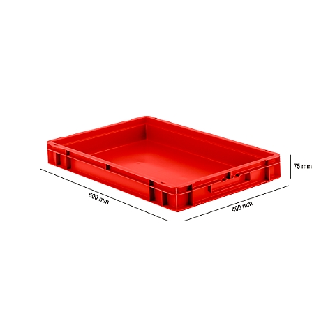 Red plastic box with dimensions, 600 x 400 x 75 mm.