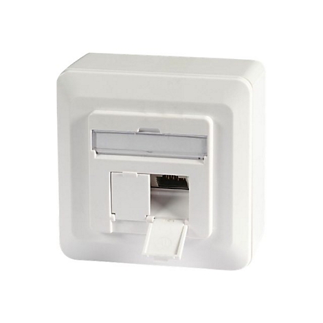 WeiÃŸe Wandsteckdose mit offener Klappe fÃ¼r Netzwerkanschluss. Oben eine rechteckige Abdeckung.