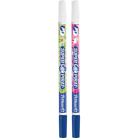 Deux effaceurs d'encre Pelikan Super Pirat avec des motifs verts et roses sur fond blanc.