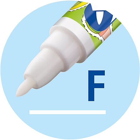 Gros plan sur la pointe blanche d'un feutre sur fond de cercle bleu clair avec une grande lettre F.