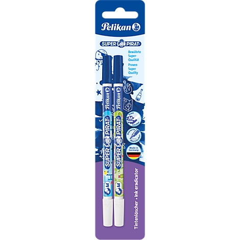 Deux effaceurs d'encre Pelikan Super Pirat dans un emballage blister bleu et blanc avec des motifs de pirates.