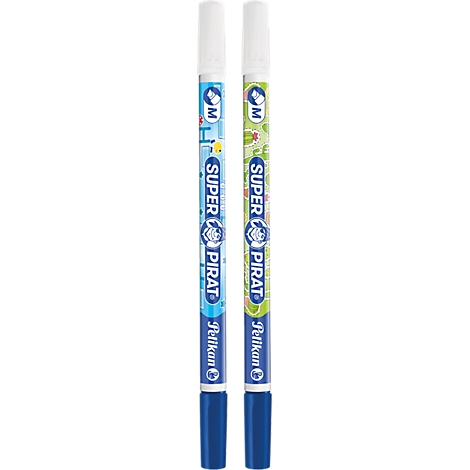 Deux effaceurs d'encre Pelikan Super Pirat avec des corps à motifs bleus et verts et des capuchons blancs.