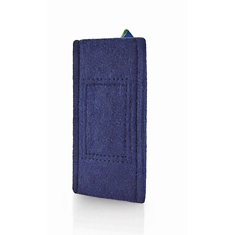 Un étui rectangulaire étroit en feutre bleu foncé sur fond blanc.