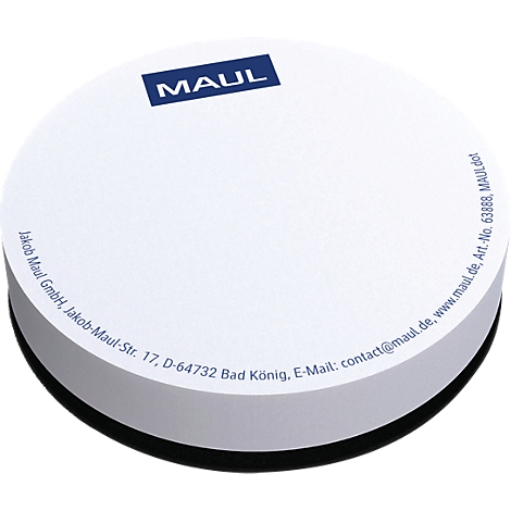 Bloc-notes rond et blanc avec logo Maul bleu et informations sur l'entreprise sur le bord.