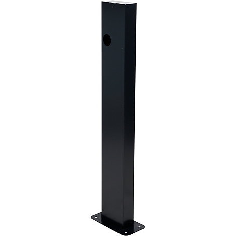 Schwarze, rechteckige Säule, mit Loch und Fußplatte. Auf weissem Hintergrund.