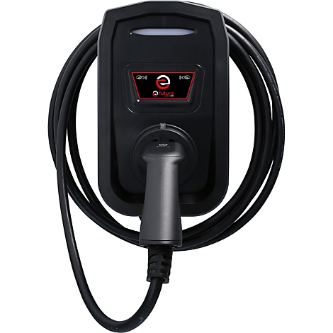 Schwarze Elektro-Ladestation mit Ladekabel. Rotes Display mit Schriftzug.
