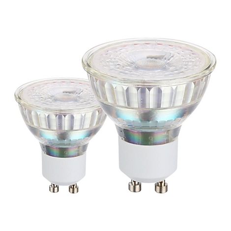 Deux ampoules LED transparentes avec une base blanche et deux broches métalliques.