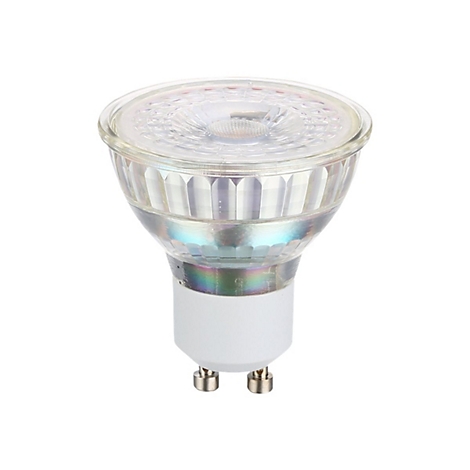 Gros plan d'une ampoule halogène avec verre transparent, base blanche et deux contacts métalliques.