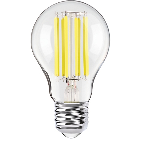 Gros plan d'une ampoule LED. À l'intérieur du bulbe en verre transparent, on trouve des éléments lumineux jaunes. La base est argentée.
