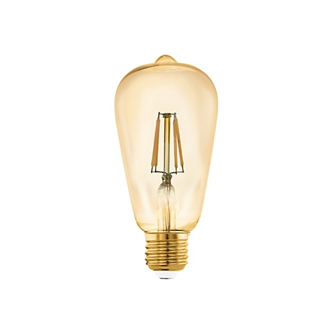 Une ampoule jaunâtre en forme de goutte, avec des filaments visibles et une base dorée, isolée sur fond blanc.