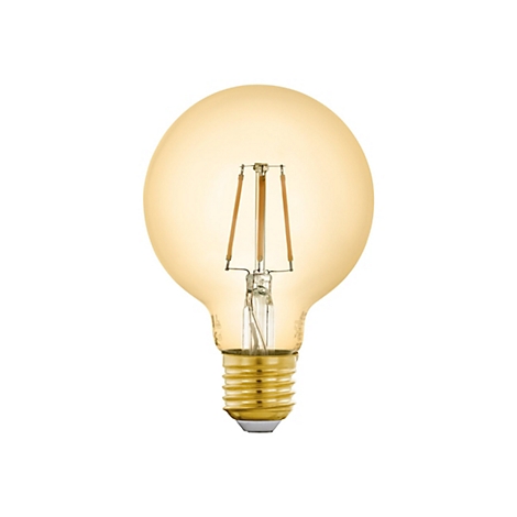 Une ampoule jaune en forme de poire, avec des filaments visibles et une base dorée, sur fond blanc.