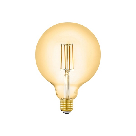 Grosse ampoule ronde et jaunâtre, gros plan, avec filaments visibles et base dorée.