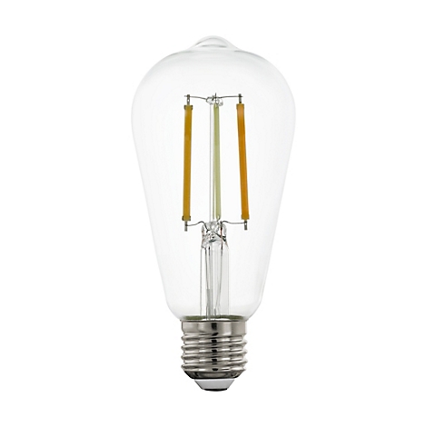 Une ampoule LED transparente de style vintage, avec un culot E27. L'ampoule a une forme de poire et des filaments orange.