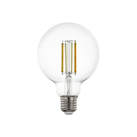 Une ampoule LED transparente sur fond blanc. L'ampoule a une forme ovale et un filetage métallique.