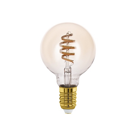 Une ampoule sphérique, avec une base dorée et une spirale cuivrée à l'intérieur.