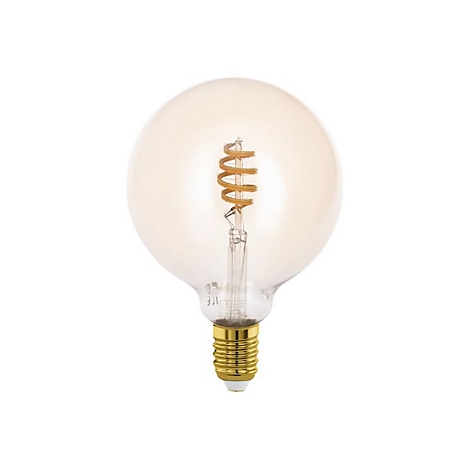 Une grosse ampoule ronde, l'intérieur est une spirale cuivrée, le socle est doré.