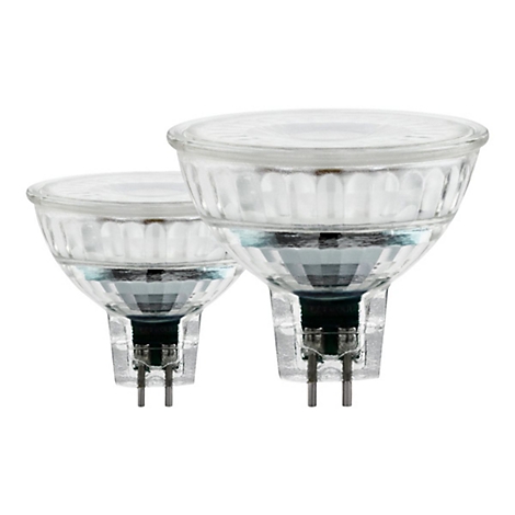 Deux ampoules LED transparentes avec broches. Boîtier en verre transparent avec composants argentés, fond blanc.
