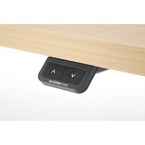 EHV Schreibtisch, elektrisch höhenverstellbar, bis 100 kg, 605–1265 mm, T-Fuß ohne Traverse, Up/Down-Panel, B 1300 x T 650, Ahorn/weiß