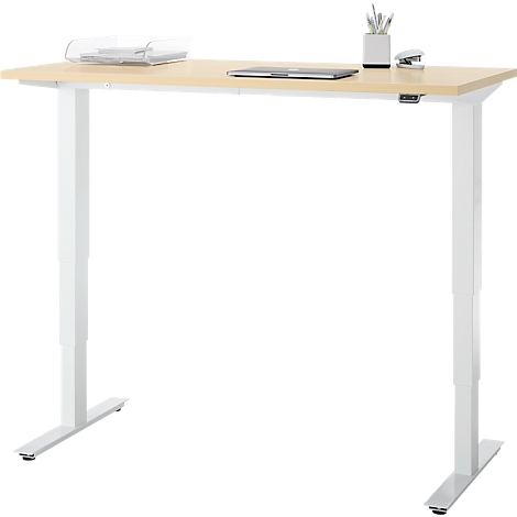 EHV Schreibtisch, elektrisch höhenverstellbar, bis 100 kg, 605–1265 mm, T-Fuß ohne Traverse, Up/Down-Panel, B 1300 x T 650, Ahorn/weiß