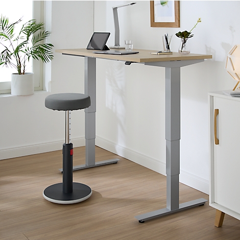 EHV Schreibtisch, elektrisch höhenverstellbar, bis 100 kg, 605–1265 mm, T-Fuß ohne Traverse, Up/Down-Panel, B 1300 x T 650, Eiche/silber