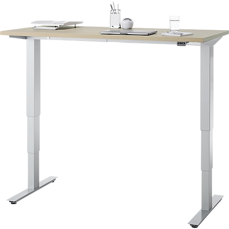 EHV Schreibtisch, elektrisch höhenverstellbar, bis 100 kg, 605–1265 mm, T-Fuß ohne Traverse, Up/Down-Panel, B 1300 x T 650, Eiche/silber