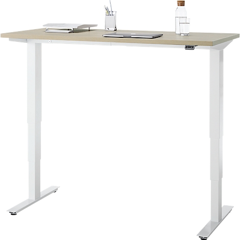 EHV Schreibtisch, elektrisch höhenverstellbar, bis 100 kg, 605–1265 mm, T-Fuß ohne Traverse, Up/Down-Panel, B 1300 x T 650, Eiche/weiß
