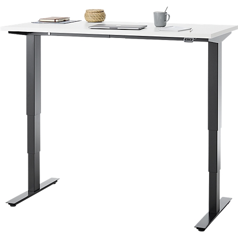 EHV Schreibtisch, elektrisch höhenverstellbar, bis 100 kg, 605–1265 mm, T-Fuß ohne Traverse, Up/Down-Panel, B 1300 x T 650, weiß/schwarz