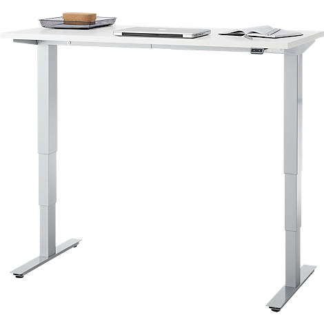 EHV Schreibtisch, elektrisch höhenverstellbar, bis 100 kg, 605–1265 mm, T-Fuß ohne Traverse, Up/Down-Panel, B 1300 x T 650, weiß/silber