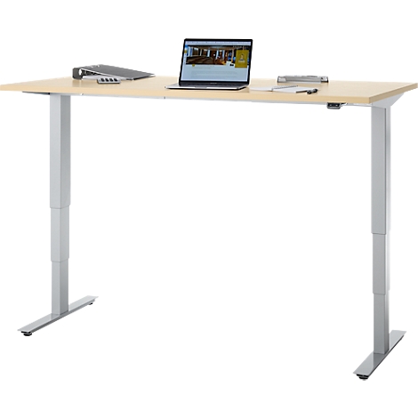 EHV Schreibtisch, elektrisch höhenverstellbar, bis 100 kg, 605–1265 mm, T-Fuß ohne Traverse, Up/Down-Panel, B 1600 x T 800, Ahorn/silber