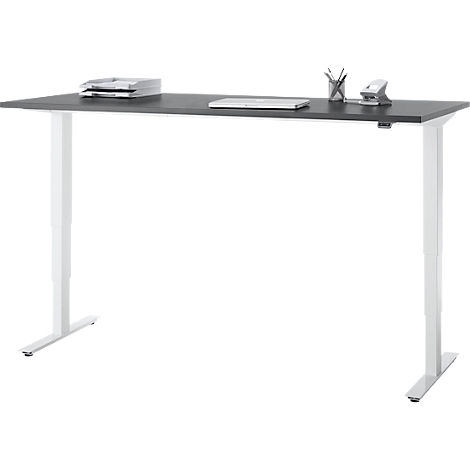 EHV Schreibtisch, elektrisch höhenverstellbar, bis 100 kg, 605–1265 mm, T-Fuß ohne Traverse, Up/Down-Panel, B 1600 x T 800, graphit/weiß