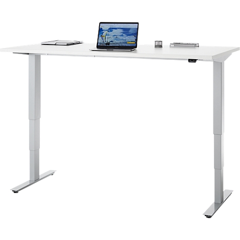 EHV Schreibtisch, elektrisch höhenverstellbar, bis 100 kg, 605–1265 mm, T-Fuß ohne Traverse, Up/Down-Panel, B 1600 x T 800, weiß/silber