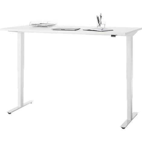 EHV Schreibtisch, elektrisch höhenverstellbar, bis 100 kg, 605–1265 mm, T-Fuß ohne Traverse, Up/Down-Panel, B 1600 x T 800, weiß/weiß