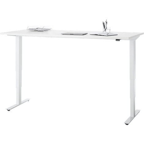 EHV Schreibtisch, elektrisch höhenverstellbar, bis 100 kg, 605–1265 mm, T-Fuß ohne Traverse, Up/Down-Panel, B 1800 x T 800, weiß/weiß