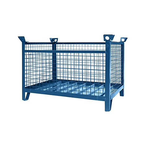 Blauer Drahtkorb, rechteckig, für Transport oder Lagerung.