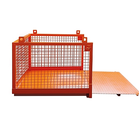 Orangener Metallkorb mit Gitterwänden und einer ausklappbaren Platte.