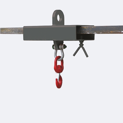 Ein grauer Trägerklemmen-Halter mit rotem Haken an einem Stahlträger befestigt.