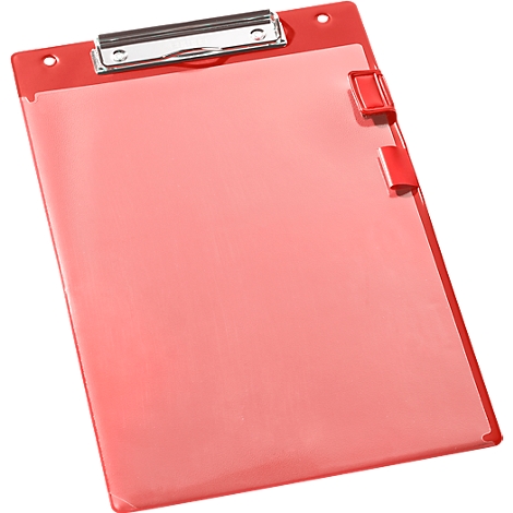 Red clipboard with silver clip and two red closures. The clipboard has a transparent viewing window.