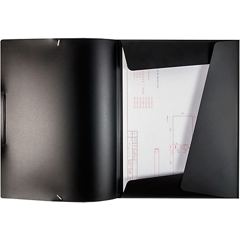 Black document folder with open compartments, paper with sketches and diagrams.