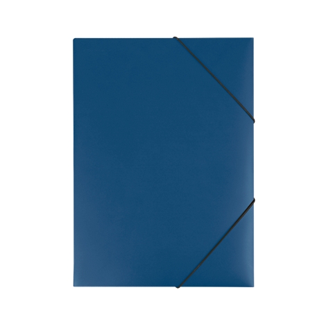 Blue folder with rubber band closure on a white background.