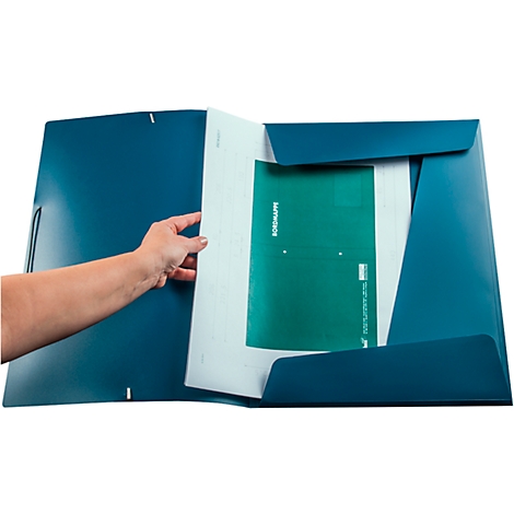 A person opens a blue document folder. Inside are green and white documents. There is a text on the green paper.
