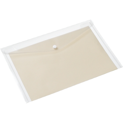 Transparent, rectangular document bag with a beige colored sheet of paper. A white button closes the bag.