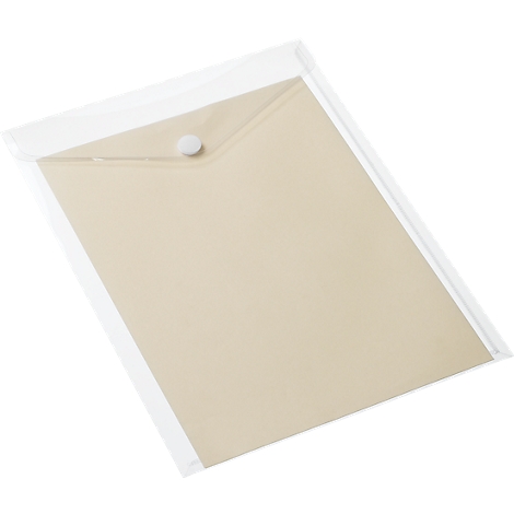 Transparent document case with beige paper and a white button closure.