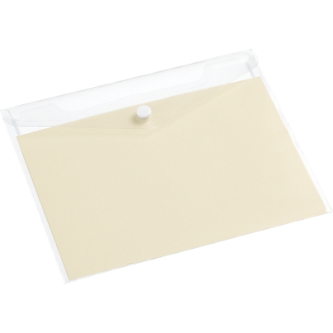 Transparent plastic bag with cream-colored paper and a white button closure.