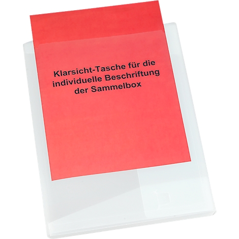 Red transparent pocket with black text on a transparent plastic case.