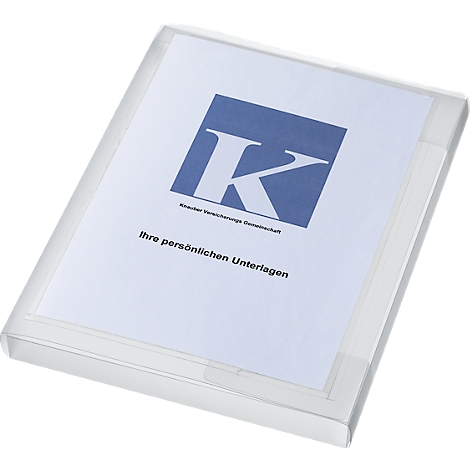 Transparent document folder with paper. Blue logo with K on the paper.
