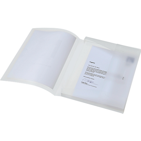 Transparent document folder, open, with paper. Inside, an offer with a signature.