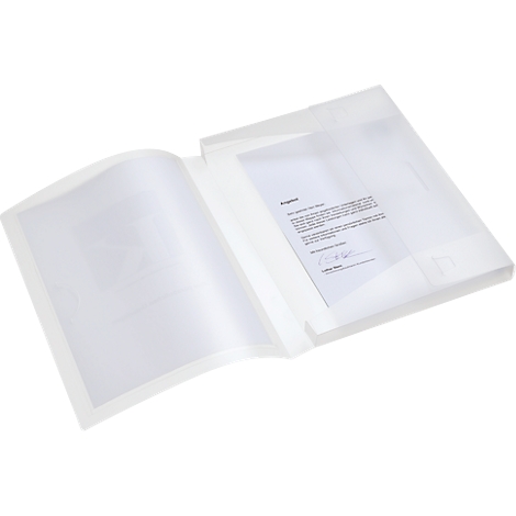 Transparent document folder with open pages. On the right side is a sheet of paper with text. Left blank page.