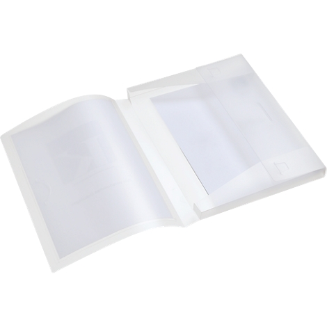 Transparent folder with white pages, open on a white background. The folder has a clear plastic cover.