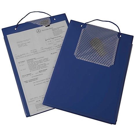 Two blue file folders with documents. A Mercedes-Benz logo is visible on one.