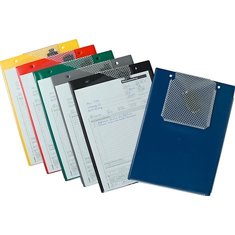 Multi-colored clipboards with papers arranged in a row. Yellow, red, green, grey and blue.